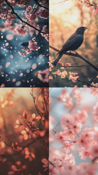 繁华落尽的樱树下子规啼，唯美颓废美学，低角度仰拍，柔焦长焦镜头，黄昏暖色调，侧逆光，枯枝飘落花瓣，宁静忧郁氛围，高对比度，细节特写，电影感。