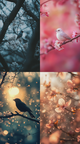 under the cherry trees where the splendor has faded, the cuckoo cries, embodying a beautiful and decadent aesthetic. shot from a low angle, with a soft-focus telephoto lens, the warm tones of dusk, side backlighting, with withered branches and falling petals, creating a tranquil and melancholic atmosphere. high contrast, detailed close-ups, and a cinematic feel.