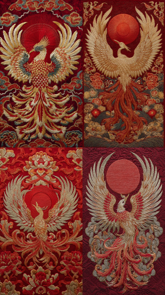 粤绣丹凤朝阳，对称构图，暖金朱红鎏金配色，清晨天空红日，凤凰展翅环绕，金线银线交织，细腻针法，柔和光，华丽典雅。