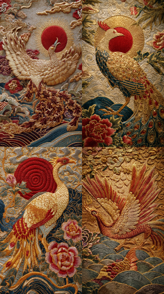 embroidery, in the style of guangdong embroidery, depicting the sun rising over a phoenix. the spreading phoenix is surrounded by the rising sun, with a long and beautiful tail, adorned with gold thread feathers and silver thread clouds. peonies and auspicious clouds are scattered in the background, koi fish leap over wavy water patterns. the color scheme includes warm gold, vermilion, and gilded gold, with silk as the base fabric, showcasing delicate stitching that reveals its elegance and magnificence. the interweaving of gold and silver threads creates a resplendent color palette, with a strict pattern, prominent three-dimensionality, rich details, and fine stitching techniques. the intricate design is presented in warm tones, with a symmetrical composition, exquisite embroidery, soft lighting, and the reflective sheen of gold threads, exuding elegance and magnificence. the phoenix's head is an oblong shape with a curved fork at the front, the crest feathers are towering, the eyes are like cinnabar, and the mouth has sharp lines. the scene depicts the morning sky, with a red sun slowly rising, casting its light on the phoenix.