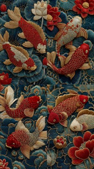 the cantonese embroidery piece depicts fish playing among lotus flowers, with a symmetrical composition. the color scheme includes palace wall red, tea brown, pine smoke green, milky white, moon white, and dark blue. gold and silver threads are intertwined, featuring delicate stitching techniques, soft light, and a luxurious and elegant style. captured with a macro lens, the close-up perspective showcases the silk texture, high resolution, soft side lighting, 3d stereoscopic effect, gold thread reflections, dense embroidery texture, fine stitching, light and shadow layers, traditional chinese aesthetics, exquisite details, and elegant nobility.