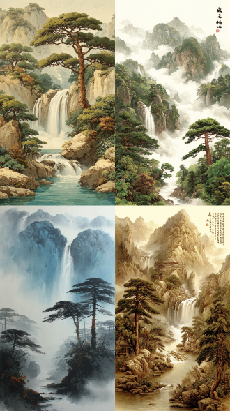 chinese landscape painting, with mountains and rocks in the background, featuring waterfalls flowing down from cliffs on both sides. in front is an old tree trunk that stands tall among other trees. the entire scene evokes feelings of tranquility and grandeur. characterized by chinese ink style, chinese brushwork, delicate lines, light colors, natural tones, and a minimalist composition. high-definition resolution.