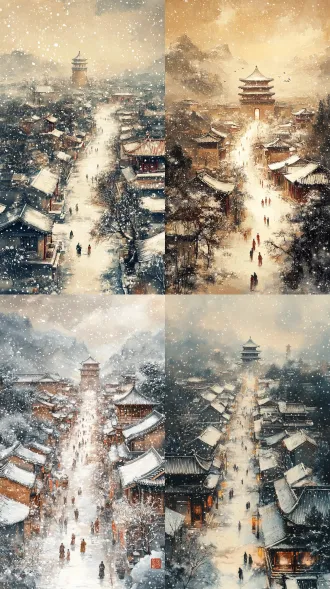 ming dynasty chinese landscape painting style, aerial drone view of ancient chang'an city after snowfall, brown silk background, winding streets covered with thick snow, distant city gate tower faintly visible, scattered figures wearing straw cloaks walking through snow, fine snowflakes falling, ink wash textural strokes, subtle ochre color palette, elegant blank space composition, artist's seal in corner, classical poetic atmosphere, ultra high resolution