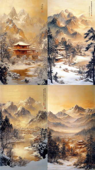 北宋雪景山水画风格，竖幅巨作，鸟瞰视角，长安城雪后，巍峨雪山，枯枝寒林，松冠积雪，山间留白表现云雾，蜿蜒半冻溪流穿过山谷，唐式朱栏亭台城门错落其间，褐黄绢本，点景人物微小生动，范宽雨点皴结合李郭云头皴，浓淡墨色渲染，天空淡墨衬积雪，意境荒寒空寂，超然出世，角落古印，超精细8k