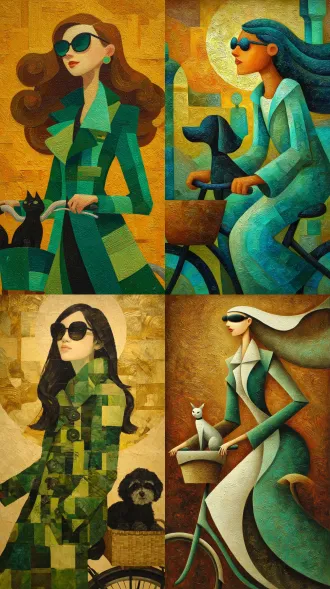 现代抽象油画，立体主义风格，一位优雅的中国女子戴墨镜，披着长发，身穿由青绿色，豆绿色，石绿色等几何色块构成且带有螺旋纹理的大衣，骑着自行车，车筐里有一只黑色小狗抬头望她，背景是暖金色渐变的厚重肌理，色彩浓郁对比强烈，画面静谧且富有艺术感