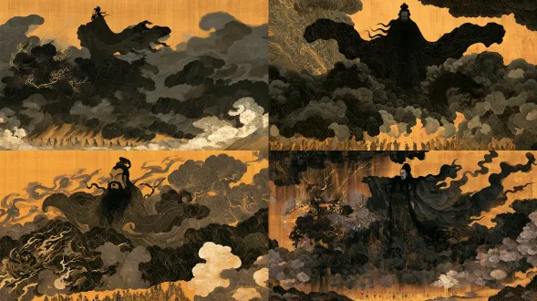 正面提示词： 元是野行僧绘画风格，仿汉代帛画、楚漆器纹样，棕黄古绢底色，矿物颜料哑光平涂，流畅硬朗墨线，纹样繁复，纯平面装饰感，无透视、无立体光影，扁平装饰造型，线条略带手绘感，楚辞意象。主体为执掌生死的大司命，居于画面上半，居高临下，广袖黑袍向下方铺展压覆，衣纹如黑云垂落，神情沉厉肃杀，腰间玉佩凝着冷光；乘黑云龙车冲破天门直压而下，罡风、雷纹向下方奔涌，冷雨垂落，厚重乌云铺天压顶。下方九州山河缩成窄小平面，一众凡人渺小卑微、仰首战栗，整片大地笼罩在神祇投下的巨大暗影之下。色彩以沉黑、深青灰为主，只零星冷金、玉白微光，云雷纹缠绕环绕，氛围森严沉坠，是命运无可逃遁的压迫感。 负面提示词： 写实透视，柔和光影，明亮轻快色调，甜美温柔氛围，卡通，现代装束，多余杂神，肢体畸形，文字、水印、印章、签名，柔和舒展流云，阳光，暖色调，人物上浮飘散、轻盈仙气