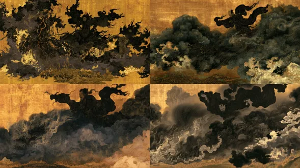 正面提示词： 元是野行僧绘画风格，仿汉代帛画、楚漆器纹样，棕黄古绢底色，矿物颜料哑光平涂，流畅硬朗墨线，纹样繁复，纯平面装饰感，无透视、无立体光影，扁平装饰造型，线条略带手绘感，楚辞意象。主体为执掌生死的大司命，居于画面上半，居高临下，广袖黑袍向下方铺展压覆，衣纹如黑云垂落，神情沉厉肃杀，腰间玉佩凝着冷光；乘黑云龙车冲破天门直压而下，罡风、雷纹向下方奔涌，冷雨垂落，厚重乌云铺天压顶。下方九州山河缩成窄小平面，一众凡人渺小卑微、仰首战栗，整片大地笼罩在神祇投下的巨大暗影之下。色彩以沉黑、深青灰为主，只零星冷金、玉白微光，云雷纹缠绕环绕，氛围森严沉坠，是命运无可逃遁的压迫感。 负面提示词： 写实透视，柔和光影，明亮轻快色调，甜美温柔氛围，卡通，现代装束，多余杂神，肢体畸形，文字、水印、印章、签名，柔和舒展流云，阳光，暖色调，人物上浮飘散、轻盈仙气
