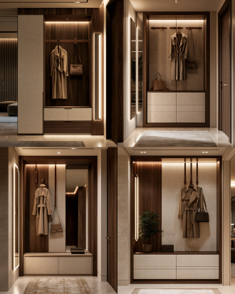 interior design, italian luxury style, a functional niche, dimension 1327mm high and 1110mm wide. light beige textured fabric panels for the drawers, dark walnut wood outer frame. top area has leather strap hooks hanging a trench coat and a handbag. bottom area has hidden drawers. a vertical mirror with led backlight on the side. elegant, sophisticated, warm ambient lighting, realistic textures, interior magazine style, 8k