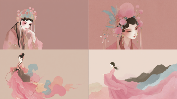 abstract art of chinese opera actress, vibrant gradient mesh, blending colors of pastel pink, light blue and gold, fluid art style, no details, only color and form, minimalist, elegant, dreamy
