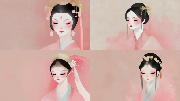 abstract art of chinese opera actress, vibrant gradient mesh, blending colors of pastel pink, light blue and gold, fluid art style, no details, only color and form, minimalist, elegant, dreamy