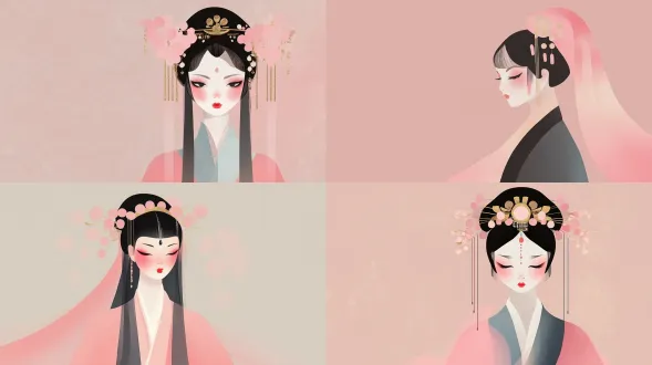 a minimalist and abstract portrait of a huangmei opera dan actress, represented by elegant gradient colors. soft flowing lines of cyan, pink, and gold, no face details, ethereal and luminous, fluid art, smooth gradient background, elegant silhouette, suggested headdress and costume, soft light