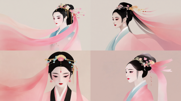 a minimalist and abstract portrait of a huangmei opera dan actress, represented by elegant gradient colors. soft flowing lines of cyan, pink, and gold, no face details, ethereal and luminous, fluid art, smooth gradient background, elegant silhouette, suggested headdress and costume, soft light