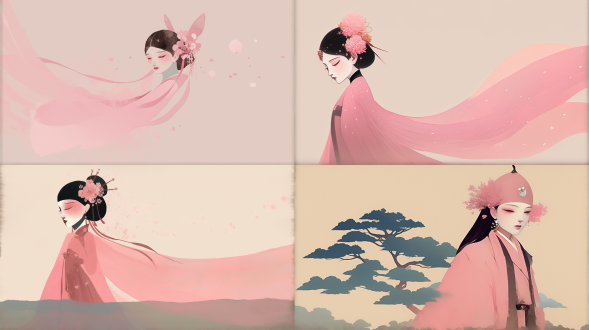 ethereal silhouette of a huangmei opera dan, minimalist ink wash painting style with gradient color splash, soft blends of color, flowing movement, no face, serene, majestic, full-body