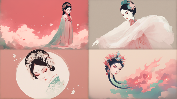 abstract art of chinese opera actress, vibrant gradient mesh, blending colors of pastel pink, light blue and gold, fluid art style, no details, only color and form, minimalist, elegant, dreamy,, full-body