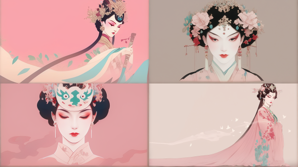 abstract art of chinese opera actress, vibrant gradient mesh, blending colors of pastel pink, light blue and gold, fluid art style, no details, only color and form, minimalist, elegant, dreamy,, full-body