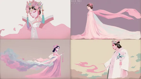 a minimalist and abstract portrait of a huangmei opera dan actress, represented by elegant gradient colors. soft flowing lines of cyan, pink, and gold, no face details, ethereal and luminous, fluid art, smooth gradient background, elegant silhouette, suggested headdress and costume, soft light, full-body