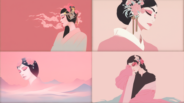 a minimalist and abstract portrait of a huangmei opera dan actress, represented by elegant gradient colors. soft flowing lines of cyan, pink, and gold, no face details, ethereal and luminous, fluid art, smooth gradient background, elegant silhouette, suggested headdress and costume, soft light, full-body
