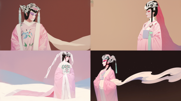 a minimalist and abstract portrait of a huangmei opera dan actress, represented by elegant gradient colors. soft flowing lines of cyan, pink, and gold, no face details, ethereal and luminous, fluid art, smooth gradient background, elegant silhouette, suggested headdress and costume, soft light, full-body