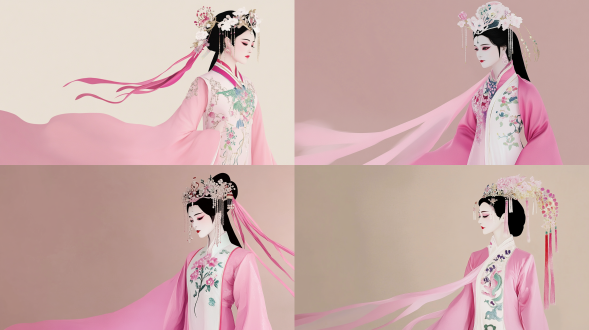 a minimalist and abstract portrait of a huangmei opera dan actress, represented by elegant gradient colors. soft flowing lines of cyan, pink, and gold, no face details, ethereal and luminous, fluid art, smooth gradient background, elegant silhouette, suggested headdress and costume, soft light, full-body