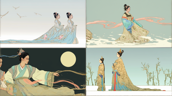 drama performance scene of the fairy and the mortal，a minimalist and abstract portrait of a huangmei opera dan actress, represented by elegant gradient colors. soft flowing lines of cyan, pink, and gold, no face details, ethereal and luminous, fluid art, smooth gradient background, elegant silhouette, suggested headdress and costume, soft light, full-body