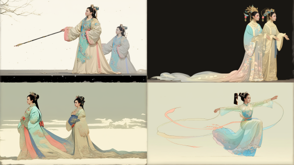 drama performance scene of the fairy and the mortal，a minimalist and abstract portrait of a huangmei opera dan actress, represented by elegant gradient colors. soft flowing lines of cyan, pink, and gold, no face details, ethereal and luminous, fluid art, smooth gradient background, elegant silhouette, suggested headdress and costume, soft light, full-body