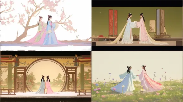 palace ， a girl in hanfu, paper cutouts of plain colors, two beautiful women in love, official artwork, by juliette leong, white and pink cloth, by wu wei, two characters, paper cutout