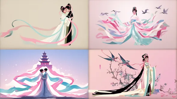 palace ， a girl in hanfu, paper cutouts of plain colors, two beautiful women in love, official artwork, by juliette leong, white and pink cloth, by wu wei, two characters, paper cutout