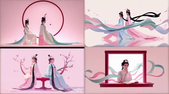 palace ， a girl in hanfu, paper cutouts of plain colors, two beautiful women in love, official artwork, by juliette leong, white and pink cloth, by wu wei, two characters, paper cutout