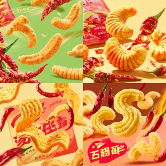 异形140x140mm馍干标签设计，s形错落飞掠馍干，穿插红辣椒，个性灵动，动态构图，高饱和暖色调，微距细节，明亮侧光，活力食欲感，非堆叠创意版式。