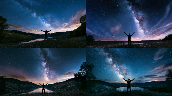 imagine a breathtaking nocturnal scene where the night sky is a stunning tapestry of twinkling stars, each one shimmering like a distant beacon of hope and guidance. the air is crisp and tranquil, and the dark expanse of the universe feels alive with possibilities. this enchanting portrayal is illustrated in exquisite detail, showcasing high quality and clarity in a masterful photographic style.in the foreground, a serene landscape unfolds—a tranquil hilltop overlooking a vast valley. silhouetted against the night sky, a lone figure stands with arms outstretched, embracing the beauty of the cosmos. the figure is a silhouette of wonder, a representation of each person who looks to the stars for direction and inspiration.above, the sky is a stunning gradient of deep midnight blue, transitioning into soft purples and blacks. countless stars dot the expanse, twinkling brightly like diamonds scattered across satin fabric. some stars form familiar constellations, while others flicker gently, hinting at uncharted paths and dreams waiting to be realized. a faint milky way stretches from one corner of the canvas to another, its ethereal glow illuminating the night with a sense of wonder.below this celestial spectacle, the rolling hills are adorned with delicate wildflowers, their petals reflecting the soft light of the stars, creating a gentle glow that dances with the night breeze. a nearby tranquil lake mirrors the starry sky, doubling the beauty of the scene, as if the heavens and earth are in perfect harmony.in the distance, soft silhouettes of trees frame the scene, adding depth and a sense of serenity. wisps of clouds drift lazily through the night, their edges softly illuminated, enhancing the dreamlike quality of the moment. the overall ambiance is peaceful and contemplative, inviting viewers to reflect on their own journeys and aspirations.this beautiful image, rendered with high detail, high quality, and masterful photography, captures the essence of guidance and hope that the stars represent in our lives, reminding us that even in the darkest of times, there is always a light to guide us forward