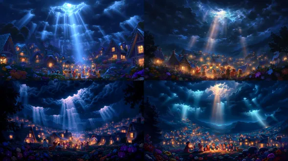 envision a heartwarming scene inspired by the spirit of hope and resilience, illustrated in a delightful pixar style. this enchanting image captures the message that even in the darkest moments, there is always light to be found.at the center of the scene, a small, cozy village nestled in a valley is illuminated against the backdrop of a night sky. the village is composed of charming, whimsical houses with colorful rooftops and warm, inviting windows that glow softly. despite the surrounding darkness, each window emanates a golden light, symbolizing warmth, safety, and the presence of hope within.above the village, the sky is adorned with dramatic storm clouds, swirling and dark, casting shadows across the landscape. however, through the cracks in the clouds, brilliant rays of light break through, creating a stunning contrast that emphasizes the battle between darkness and light. each beam of light seems to reach down toward the village, inviting the inhabitants to look up and embrace the positivity amidst the shadows.in the foreground, a group of diverse villagers—children, adults, and even a friendly dog—gathers together, gazing up at the sky in awe and wonder. their expressions are a blend of curiosity and joy, reflecting their unwavering belief that the light will guide them through any adversity. some villagers are holding lanterns that flicker and dance, illuminating their faces with a soft glow, while others share stories, laughter, and hope, creating a sense of community and strength.around them, vibrant flowers bloom brightly in the moonlight, symbolizing growth and renewal even in challenging times. the gentle rustle of leaves adds a soothing soundtrack to the scene, enhancing the atmosphere of unity and encouragement.this captivating image, depicted in high detail, high quality, and masterful photography, encapsulates the essence of finding light in the darkest of moments, inspiring viewers to remember that hope and joy can flourish even when the world feels heavy. the enchanting pixar-style brings this message to life, reminding us that together, we can seek out and embrace the light