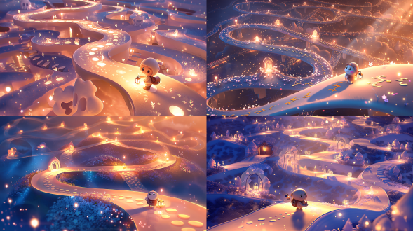 a heartwarming pixar-style 3d animated scene of a small, expressive character standing at the edge of a winding path that stretches back through a beautifully layered landscape of memories, pausing to look over their shoulder with a soft, brave smile. behind them, the path glows with golden footprints and luminous turning points, each bend transforming into a miniature storybook vignette: a timid first step into a dark doorway now blooming with light, a difficult farewell turning into a bridge of flowers, a fall becoming a staircase of floating stepping stones, and every wrong turn revealing a hidden shortcut through a magical forest. the character carries a tiny backpack and a lantern of warm memories, while translucent, gentle silhouettes of past selves wave encouragement from different stages of the journey. soft volumetric sunrise lighting, warm amber and rose-gold palette with cool blue shadows, rounded pixar-like proportions, expressive eyes, tactile materials, cinematic depth of field, ultra-high detail, high quality, high resolution, master-level cinematic photography, emotional storytelling, whimsical realism, glowing particles, lush environment, no text, no watermark