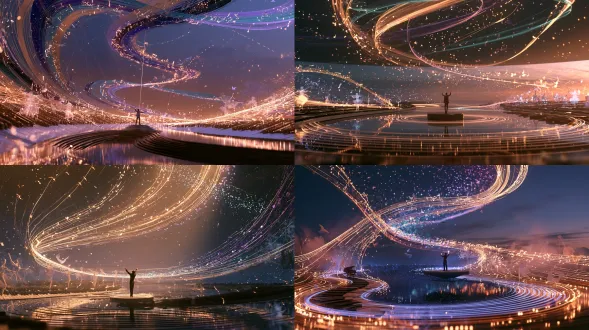 a master-level cinematic photograph visualizing life as a soaring, harmonious melody: a vast surreal concert hall suspended in a twilight sky, where countless luminous musical notes drift like fireflies and weave themselves into glowing ribbons of light that spiral upward into a radiant, harmonious whole. each note is distinct in color and character—warm gold, deep violet, soft teal, rose—yet together they form flowing streams of perfect balance, like threads in an orchestra. in the center, a lone conductor figure stands on a floating circular stage, arms raised, not commanding but gently guiding the interwoven notes as they curve around grand piano keys that melt into a winding river, violin strings that stretch into bridges of light, and translucent silhouettes of dancers, birds, and trees emerging from the melody. sheet music pages dissolve into constellations, and ripples of sound become visible concentric waves across a mirror-like floor reflecting the entire composition. soft volumetric god rays, atmospheric haze, dramatic chiaroscuro, rich color harmony, ultra-high detail, high quality, high resolution, sharp focus, 35mm lens, deep depth of field, fine art photography, surreal realism, cinematic composition, emotional and uplifting atmosphere, no text, no watermark