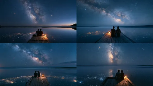 a master-level cinematic photograph of deep stillness descending with nightfall: two small silhouetted figures seated side by side on a quiet hilltop or a weathered wooden pier at the edge of a mirror-calm lake, shoulders nearly touching, breathing in the profound hush of the cosmos. above them, an immense, impossibly clear sky arches over—the milky way unfurling like a river of silver dust, distant galaxies glowing faint amber and violet, countless stars sharp and bright, with a few slow meteors tracing faint arcs. the lake perfectly mirrors the entire sky, so the figures seem suspended between two infinities, a thin band of soft horizon mist separating them. gentle bioluminescent light or firefly-like glimmers drift near the grass/water, and a single lantern glows warm amber beside them, its faint reflection trembling in the still water. cool midnight-blue and deep indigo palette, warmed by subtle amber highlights; long exposure, crisp star points, soft grain, atmospheric haze, volumetric moonlight rimming the figures' shoulders, gentle silhouettes, no visible faces. ultra-high detail, high quality, high resolution, sharp focus on stars, shallow-to-deep depth of field, 24mm wide angle, fine art photography, serene and contemplative mood, immense sense of scale and silence, no text, no watermark