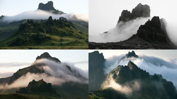 seen from afar, the ancient mountain reveals only its gaunt, bony ridge—a jagged spine of stone knobs and sharp outcrops breaking through a thin skin of moss—while soft wisps of cloud are pinned carelessly upon its immense shoulders like white silk tucked into a weathered collar, the old man’s face half-lost in haze, cross-legged silhouette monumental against a pale dawn sky, tiny human figures on a distant trail dwarfed at its feet, oblivious to the winds and rains and ancient salt tears sealed inside its folds, surreal geological realism, epic scale, cinematic atmosphere, intricate textures of fractured rock, lichen, and drifting cloud, sublime landscape photography, master-level composition, high detail, high quality, high resolution, sharp focus, volumetric light, 8k