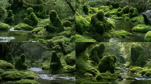 they crouch by the stream, staying there for hundreds of years, their bodies covered in moss like worn-out green velvet shirts, highly detailed, high quality, high, master photography