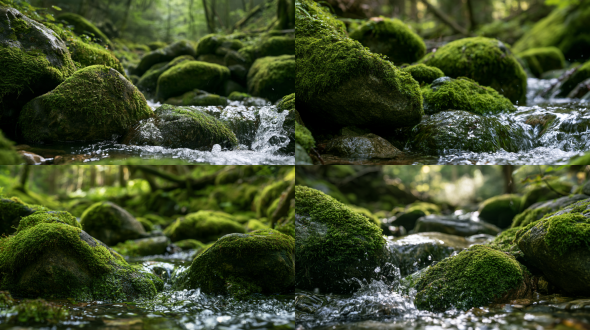 several ancient stones crouching and resting by a stream, like silent old men who have squatted there for centuries; their surfaces covered in thick moss and lichen, the moss mottled and soft like a worn-out green velvet sweater, edges frayed, colors uneven. clear stream water flows past, light splashes, wet stone surfaces glistening, deep mountain forest background with soft diffused woodland light. low-angle close-up composition, shallow depth of field, cinematic, natural light, hyper-realistic, macro texture detail, hdr, high detail, high quality, high resolution, master-level photography, 8k