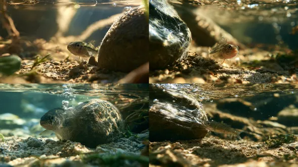 an early-spring clear stream, thin ice just melted, soft morning light penetrating the water surface; underwater macro view, a small fish gently swims close to an ancient water-rounded stone covered by an almost transparent membrane, as if hiding a secret. at the instant the fish’s lips touch the membrane, fine cracks appear, a few tiny bubbles rise slowly—the secret is gently pecked open, understated and quiet. dense sand and gravel on the stream bed, first green water plants, intertwining water ripples and light. high-speed macro photography freezing the fish’s lips, cracks, and bubbles, shallow depth of field, natural underwater light, cinematic, hyper-realistic, macro texture detail, hdr, high detail, high quality, high resolution, master-level photography, 8k