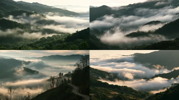 view from a car window, telephoto lens, as the car climbs slowly along a winding mountain road. mist rises from the valley floor—first one wisp, then two, then clusters and broad sheets, slowly billowing and layering like the unsettled breath at the dawn of creation; uneven, soft-edged fog layers, early side-backlight piercing through, valley and distant ridges partly hidden. natural light, telephoto compression, slight motion blur, crisp details, volumetric mist and depth, low-saturation cinematic grade, film grain, poetic realism, ultra-detailed, high quality, high resolution, master-level photography