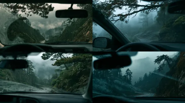 first-person view from inside a car, looking through the windshield; the car climbs a narrowing winding mountain road as thick fog gently gathers, the glass like semi-transparent xuan paper, distant ridges appearing and vanishing like a sleeping azure dragon turning a stretch of blue-gray scales. wind leans down from the mountain pass—not a literal hand, but the shape of airflow: pine branches swaying, pine resin glinting amber in the faint light, wet moss on rock faces lifted into a fine velvet sheen, mist pushed into a soft arc, tapping gently against the window like an old mountain dweller welcoming a distant guest with a rough, warm palm. brief fog traces and fine condensation on the glass, faint reflections on the windshield, rearview mirror and dashboard softly blurred in the foreground. telephoto lens, natural light, soft early-morning side-backlight, slight motion blur, crisp details, volumetric mist and depth, low-saturation blue-gray cinematic grade, film grain, poetic realism, ultra-detailed, high quality, high resolution, master-level photography