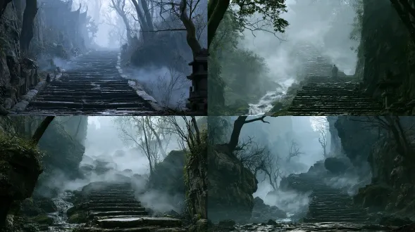 霧在石階間遊走，忽而聚成溪，忽而散作紗，高細節，高品質，高解析度，大師級攝影