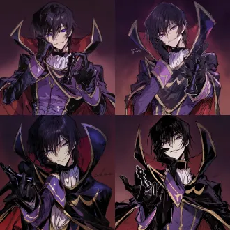 lelouch from "code geass", a cool and assertive male, naturally fair skin; close-up of eyes, calm and earnest gaze, slight head tilt, smile, front-facing view; right hand raised to the face, left hand holding a black chess piece extended toward the camera, black gloves, composed and relaxed posture; soft black hair; sharp purple eyes; zero's black leather cape with a hint of deep purple, red inner lining, tall wide stand collars on both sides framing the neck, gold trim, flowing dynamically in the wind with dramatic tension; innerwear of a purple form-fitting top with gold trim, a black high collar, and a white cravat; dark purplish-red gradient background, with fine noise grain, hazy dark-toned atmosphere; korean manhwa fanart style, sharp hard pen outlines, sketchy line art, bold sketch strokes, block-shading, minimal soft gradient, semi-realistic anime male features, elongated sharp eyes, strong brow bone, angular jawline, thin lips, cold mature expression, no childish round features, emphasis on male bone structure, rough painterly sketch texture.