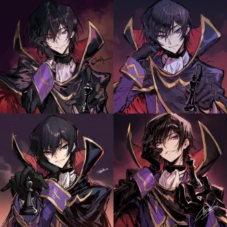 lelouch from "code geass", a cool and assertive male, naturally fair skin; close-up of eyes, calm and earnest gaze, slight head tilt, smile, front-facing view; right hand raised to the face, left hand holding a black chess piece extended toward the camera, black gloves, composed and relaxed posture; soft black hair; sharp purple eyes; zero's black leather cape with a hint of deep purple, red inner lining, tall wide stand collars on both sides framing the neck, gold trim, flowing dynamically in the wind with dramatic tension; innerwear of a purple form-fitting top with gold trim, a black high collar, and a white cravat; dark purplish-red gradient background, with fine noise grain, hazy dark-toned atmosphere; korean manhwa fanart style, sharp hard pen outlines, sketchy line art, bold sketch strokes, block-shading, minimal soft gradient, semi-realistic anime male features, elongated sharp eyes, strong brow bone, angular jawline, thin lips, cold mature expression, no childish round features, emphasis on male bone structure, rough painterly sketch texture.