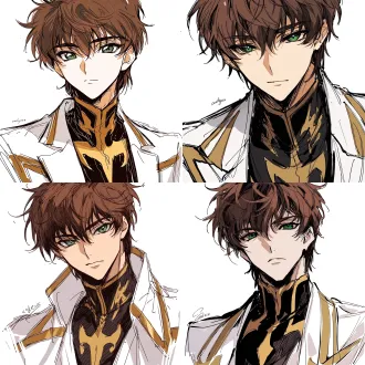 suzaku kururugi from "code geass", a cool and assertive male, naturally fair skin; close-up of eyes, calm gaze with a sense of resolve; the image framed as a facial close-up above the shoulders; brown hair; sharp dark green eyes; white lapel western-style coat with gold stripes on the shoulders; innerwear of a black stand-collar top with a gold emblem pattern printed on the body; facing the camera squarely, head slightly tilted, steady stance; white background, korean manhwa fanart style, sharp hard pen outlines, sketchy line art, bold sketch strokes, block-shading, minimal soft gradient, semi-realistic anime male features, elongated sharp eyes, strong brow bone, angular jawline, thin lips, cold mature expression, no childish round features, plain solid white background, emphasis on male bone structure, rough painterly sketch texture.