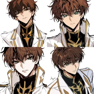 suzaku kururugi from "code geass", a cool and assertive male, naturally fair skin; close-up of eyes, calm gaze with a sense of resolve; the image framed as a facial close-up above the shoulders; brown hair; sharp dark green eyes; white lapel western-style coat with gold stripes on the shoulders; innerwear of a black stand-collar top with a gold emblem pattern printed on the body; facing the camera squarely, head slightly tilted, steady stance; white background, korean manhwa fanart style, sharp hard pen outlines, sketchy line art, bold sketch strokes, block-shading, minimal soft gradient, semi-realistic anime male features, elongated sharp eyes, strong brow bone, angular jawline, thin lips, cold mature expression, no childish round features, plain solid white background, emphasis on male bone structure, rough painterly sketch texture.