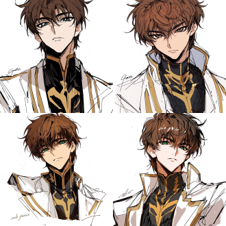 suzaku kururugi from "code geass", a cool and assertive male, naturally fair skin; close-up of eyes, calm gaze with a sense of resolve; the image framed as a facial close-up above the shoulders; brown hair; sharp dark green eyes; white lapel western-style coat with gold stripes on the shoulders; innerwear of a black stand-collar top with a gold emblem pattern printed on the body; facing the camera squarely, head slightly tilted, steady stance; white background, korean manhwa fanart style, sharp hard pen outlines, sketchy line art, bold sketch strokes, block-shading, minimal soft gradient, semi-realistic anime male features, elongated sharp eyes, strong brow bone, angular jawline, thin lips, cold mature expression, no childish round features, plain solid white background, emphasis on male bone structure, rough painterly sketch texture.