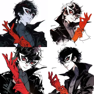 ren amamiya from "persona," a cool and sharp male with naturally fair skin; eye close-up, calm gaze, head slightly turned and lowered, confident, smiling, composition full of tension; messy black hair; wearing a white pointed masquerade mask, the mask outlines black eye-socket contours, red gradient eyes, with gradient highlights in the pupils; dressed in a black phantom-thief trench coat with a stand collar and large lapels, dark gray turtleneck inner layer; both hands wearing bright red long gloves, right hand raised with palm slightly open, left hand pulling at the glove on the right hand; white background, korean manhwa fanart style, sharp hard pen outlines, sketchy line art, bold sketch strokes, block-shading, minimal soft gradient, semi-realistic anime male features, elongated sharp eyes, strong brow bone, angular jawline, thin lips, cold mature expression, no childish round features, plain solid white background, emphasis on male bone structure, rough painterly sketch texture