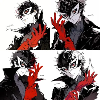 ren amamiya from "persona," a cool and sharp male with naturally fair skin; eye close-up, calm gaze, head slightly turned and lowered, confident, smiling, composition full of tension; messy black hair; wearing a white pointed masquerade mask, the mask outlines black eye-socket contours, red gradient eyes, with gradient highlights in the pupils; dressed in a black phantom-thief trench coat with a stand collar and large lapels, dark gray turtleneck inner layer; both hands wearing bright red long gloves, right hand raised with palm slightly open, left hand pulling at the glove on the right hand; white background, korean manhwa fanart style, sharp hard pen outlines, sketchy line art, bold sketch strokes, block-shading, minimal soft gradient, semi-realistic anime male features, elongated sharp eyes, strong brow bone, angular jawline, thin lips, cold mature expression, no childish round features, plain solid white background, emphasis on male bone structure, rough painterly sketch texture