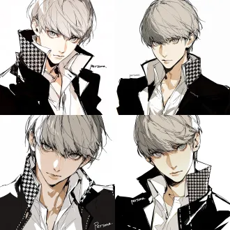 yu narukami from "persona," a cool and sharp male with naturally fair skin; close-up of the eyes, calm gaze, head slightly tilted; smooth light gray hair; gray gradient eyes; wearing a black lapel coat, the collar featuring houndstooth patchwork decoration, the coat with white topstitching, with an open white collared shirt underneath; white background, korean manhwa fanart style, sharp hard pen outlines, sketchy line art, bold sketch strokes, block-shading, minimal soft gradient, semi-realistic anime male features, elongated sharp eyes, strong brow bone, angular jawline, thin lips, cold mature expression, no childish round features, plain solid white background, emphasis on male bone structure, rough painterly sketch texture