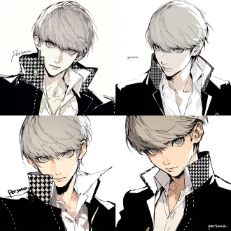 yu narukami from "persona," a cool and sharp male with naturally fair skin; close-up of the eyes, calm gaze, head slightly tilted; smooth light gray hair; gray gradient eyes; wearing a black lapel coat, the collar featuring houndstooth patchwork decoration, the coat with white topstitching, with an open white collared shirt underneath; white background, korean manhwa fanart style, sharp hard pen outlines, sketchy line art, bold sketch strokes, block-shading, minimal soft gradient, semi-realistic anime male features, elongated sharp eyes, strong brow bone, angular jawline, thin lips, cold mature expression, no childish round features, plain solid white background, emphasis on male bone structure, rough painterly sketch texture